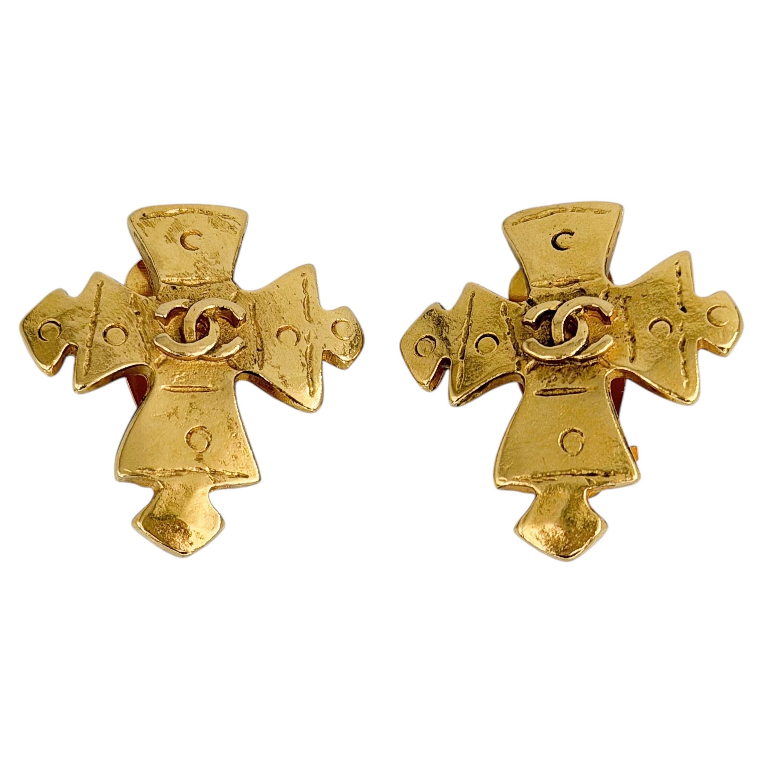 1994 Vintage Chanel Gold Tone CC Logo Cross Shape Clip On Earrings