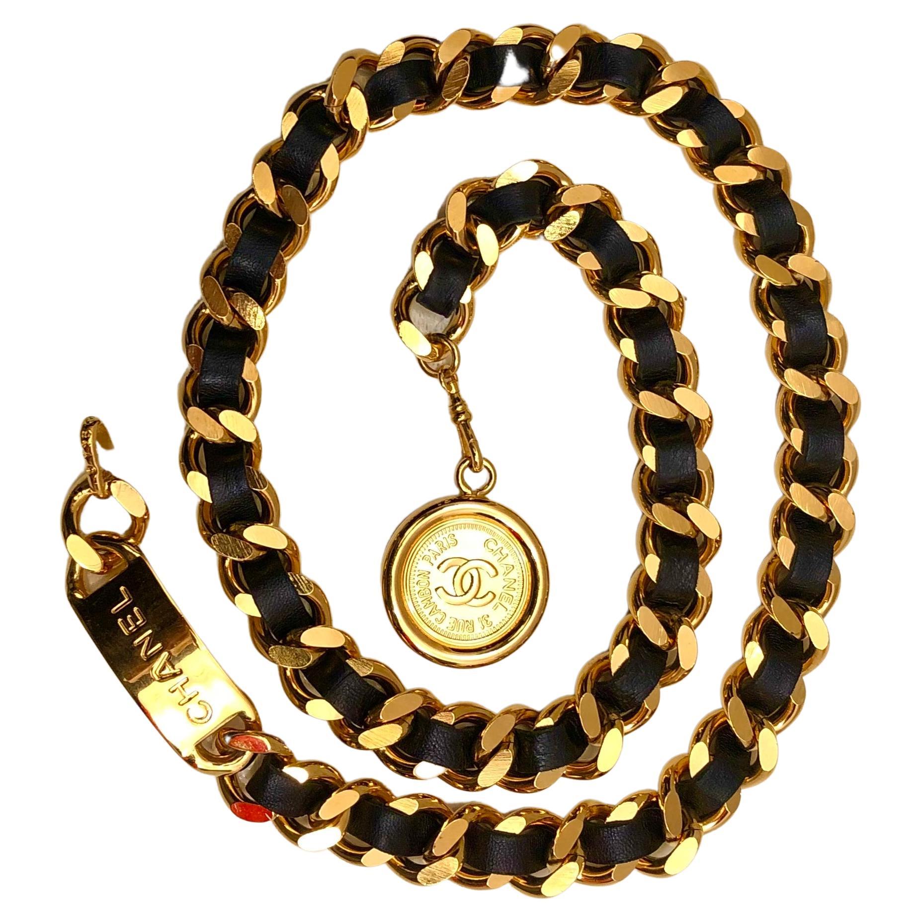 1994 Vintage CHANEL Gold Toned Leather Chain Belt  For Sale