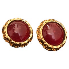 1994 Vintage CHANEL Gold Toned Red Gripoix Earclips Clip On Earrings