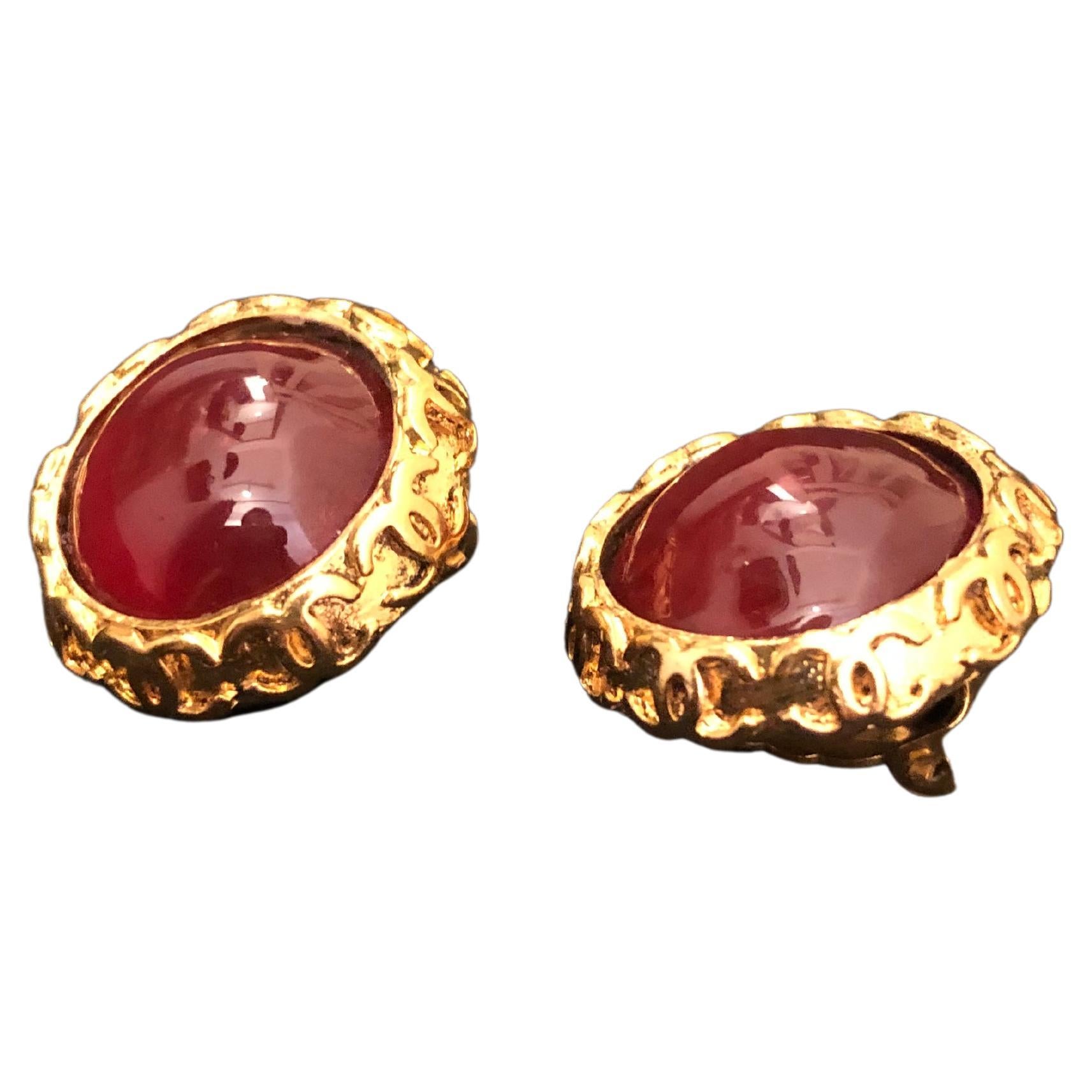 1994 Vintage CHANEL Gold Toned Red Gripoix Earclips Clip On Earrings For Sale