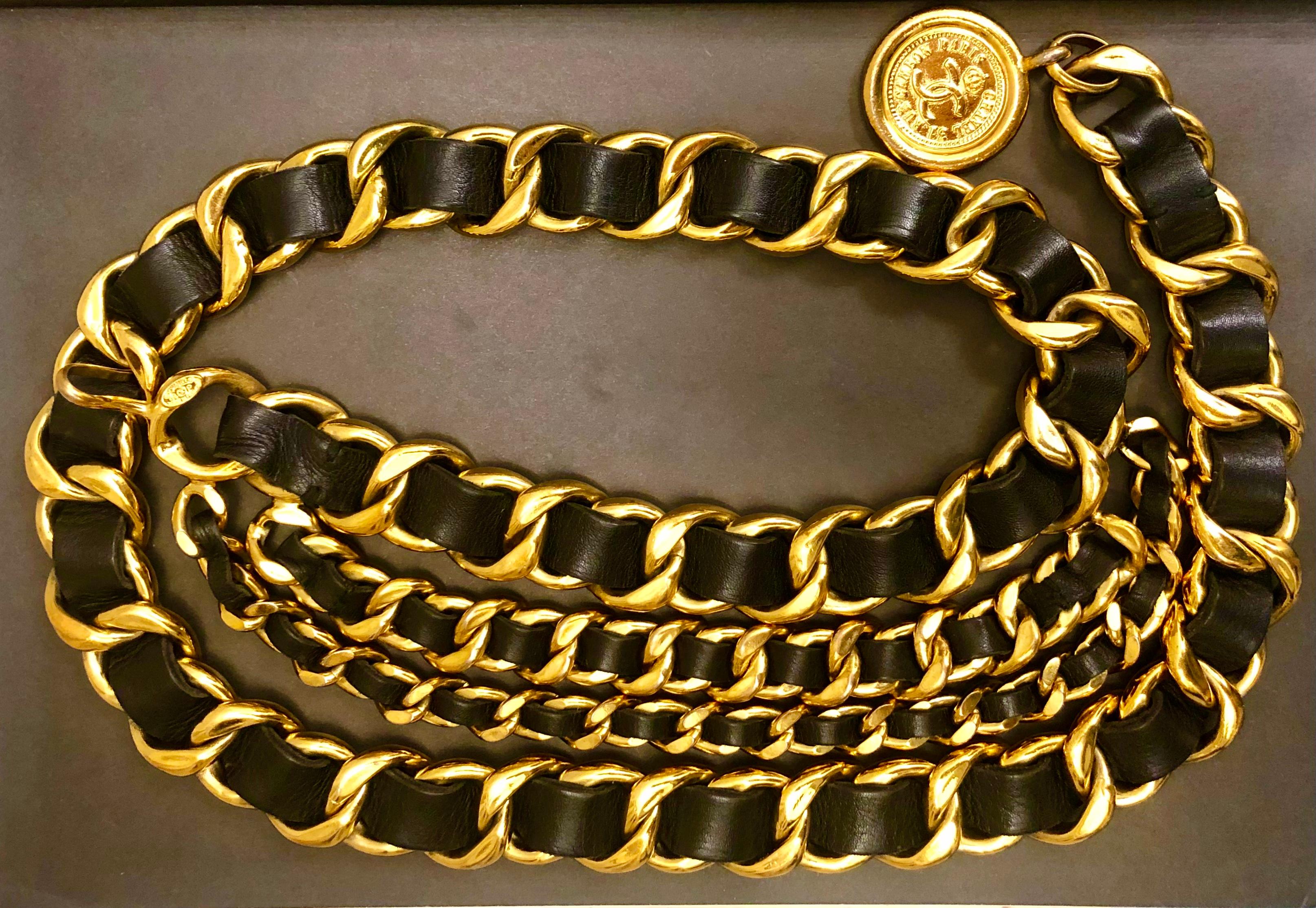 Women's or Men's 1994 Vintage CHANEL Triple Gold Toned Leather Chain Belt 