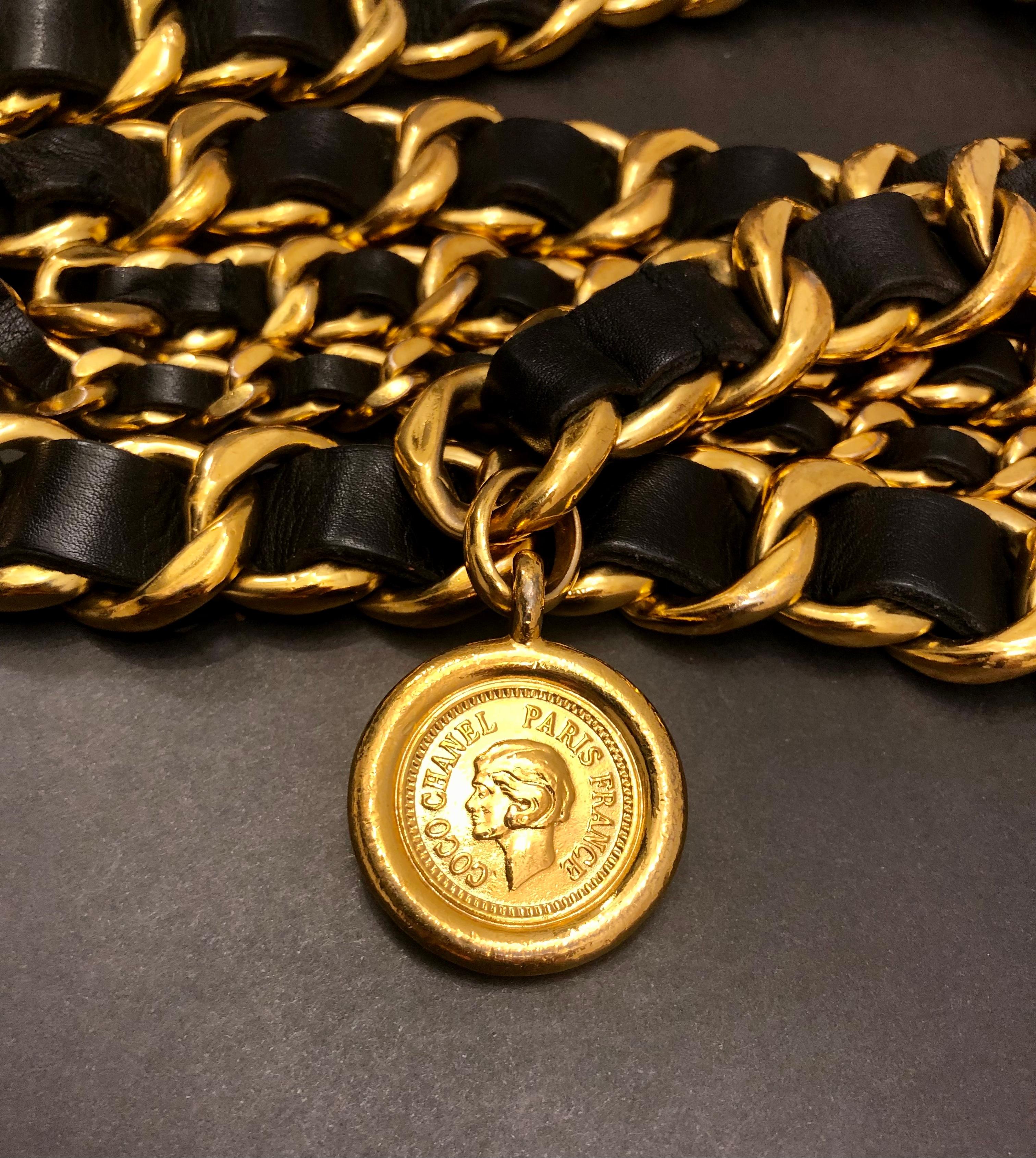 1994 Vintage CHANEL Triple Gold Toned Leather Chain Belt 2