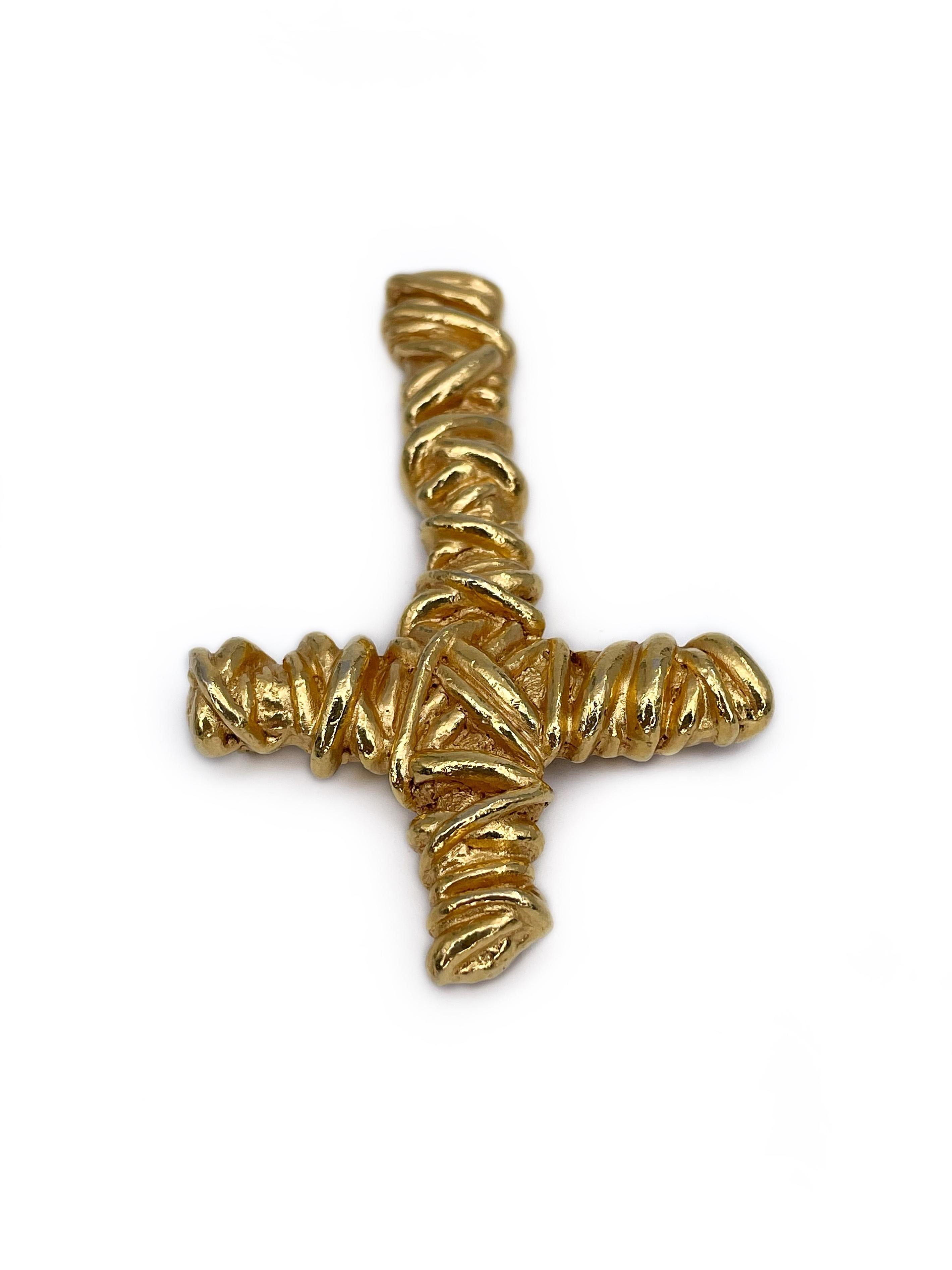 Modern 1994 Vintage Christian Lacroix Gold Tone Cross Pin Brooch For Sale