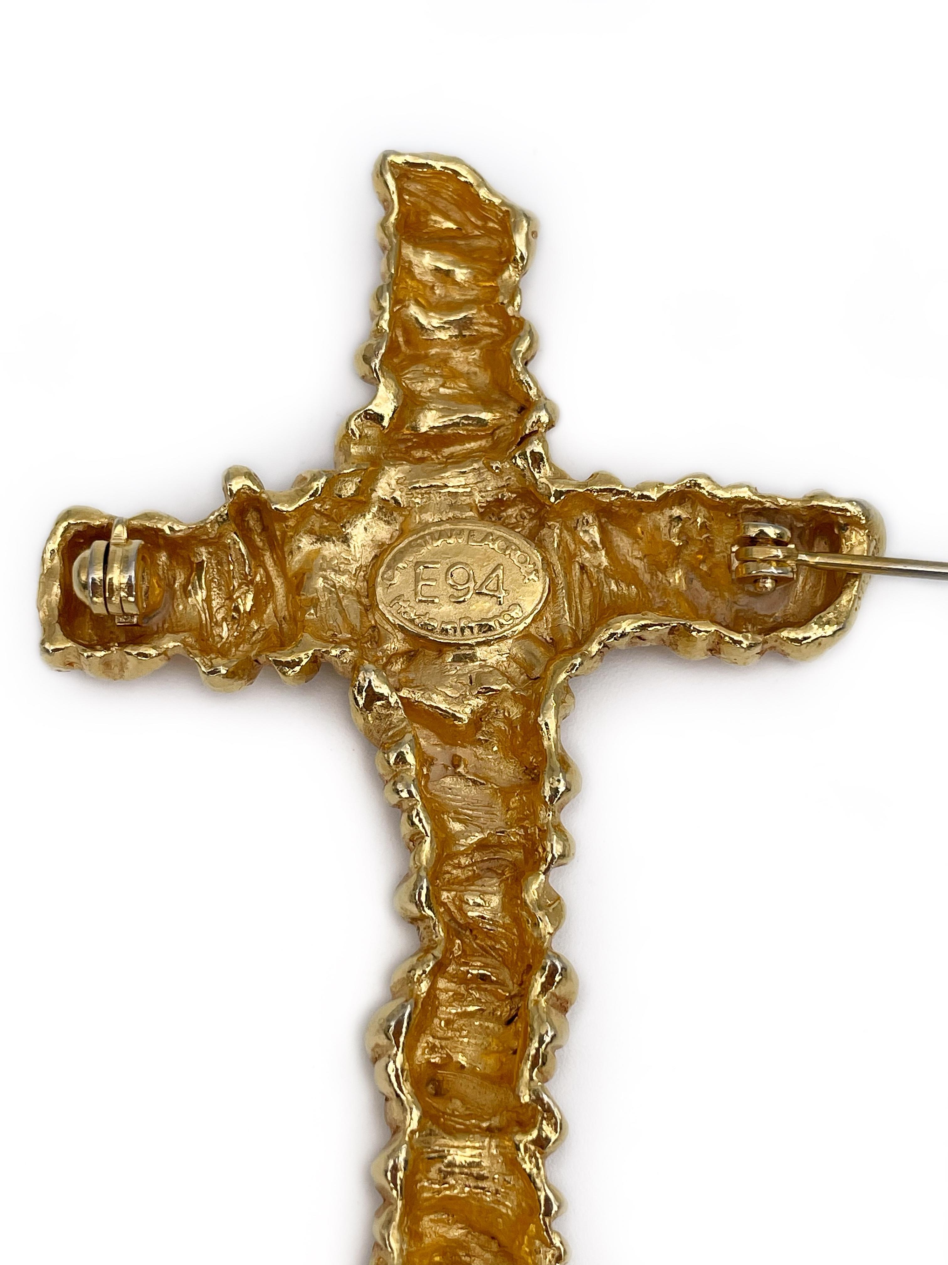 1994 Vintage Christian Lacroix Gold Tone Cross Pin Brooch For Sale 1