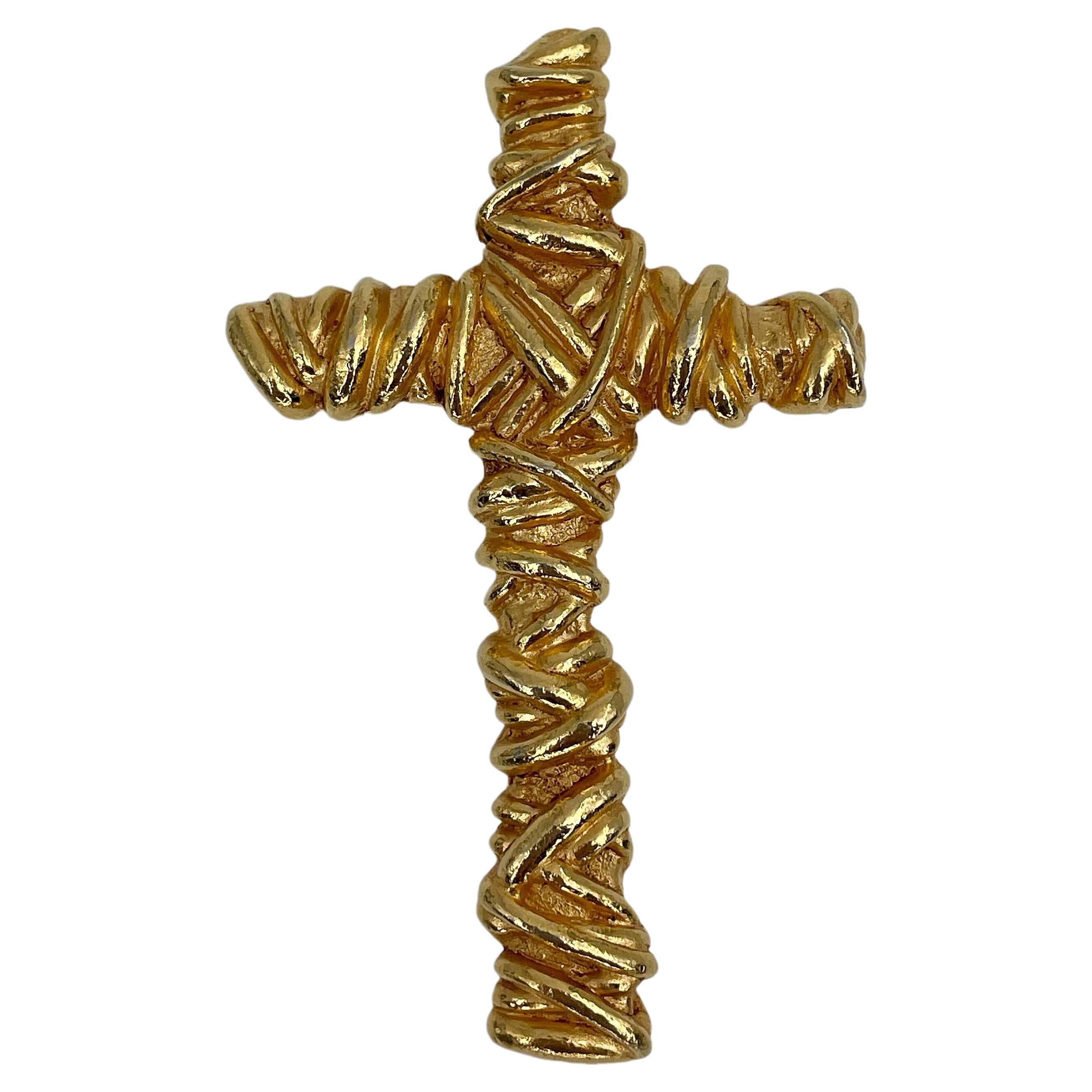 1994 Vintage Christian Lacroix Gold Tone Cross Pin Brooch For Sale