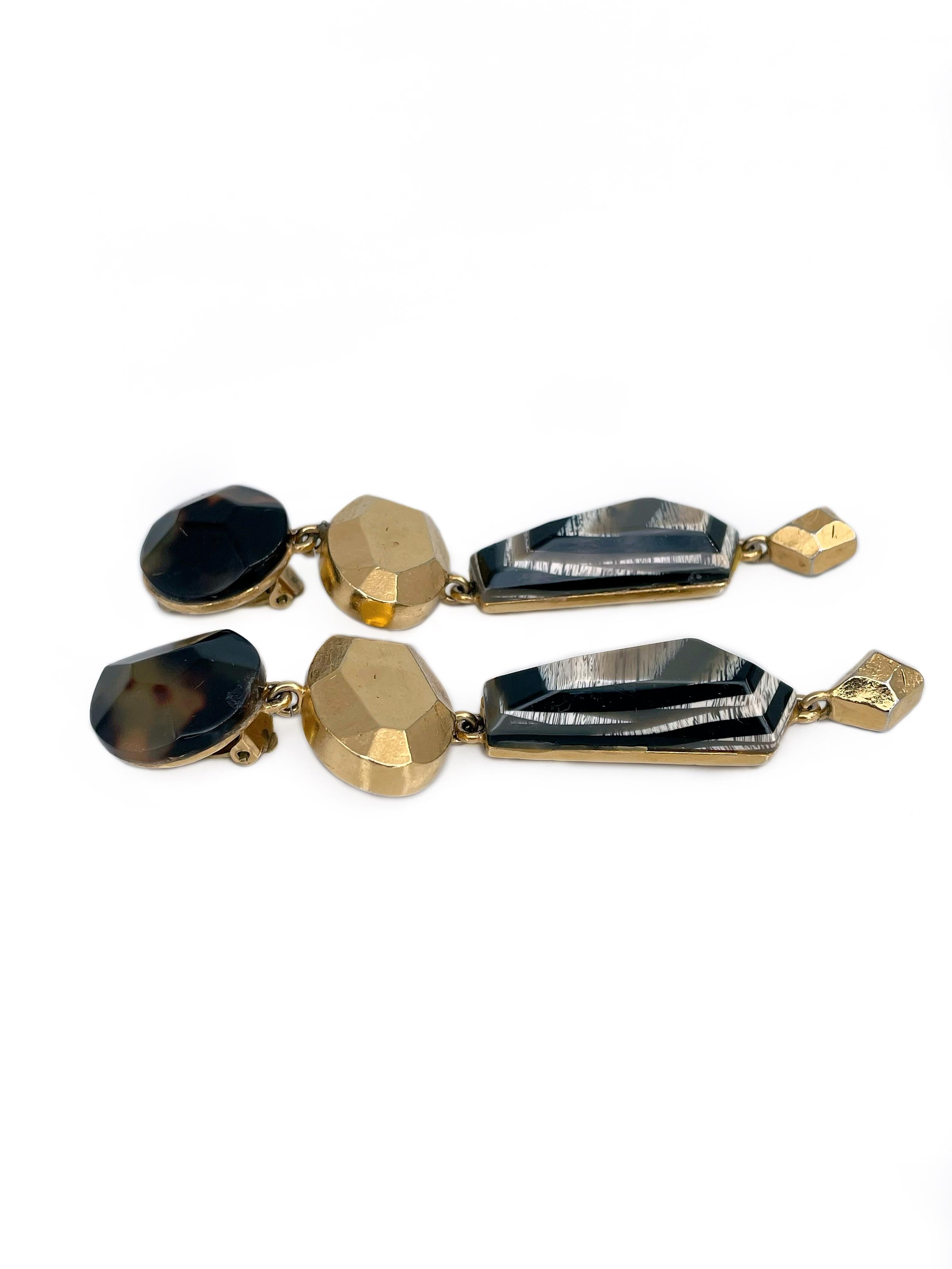 Modern 1994 Vintage Christian Lacroix Gold Tone Geometric Drop Clip On Earrings For Sale