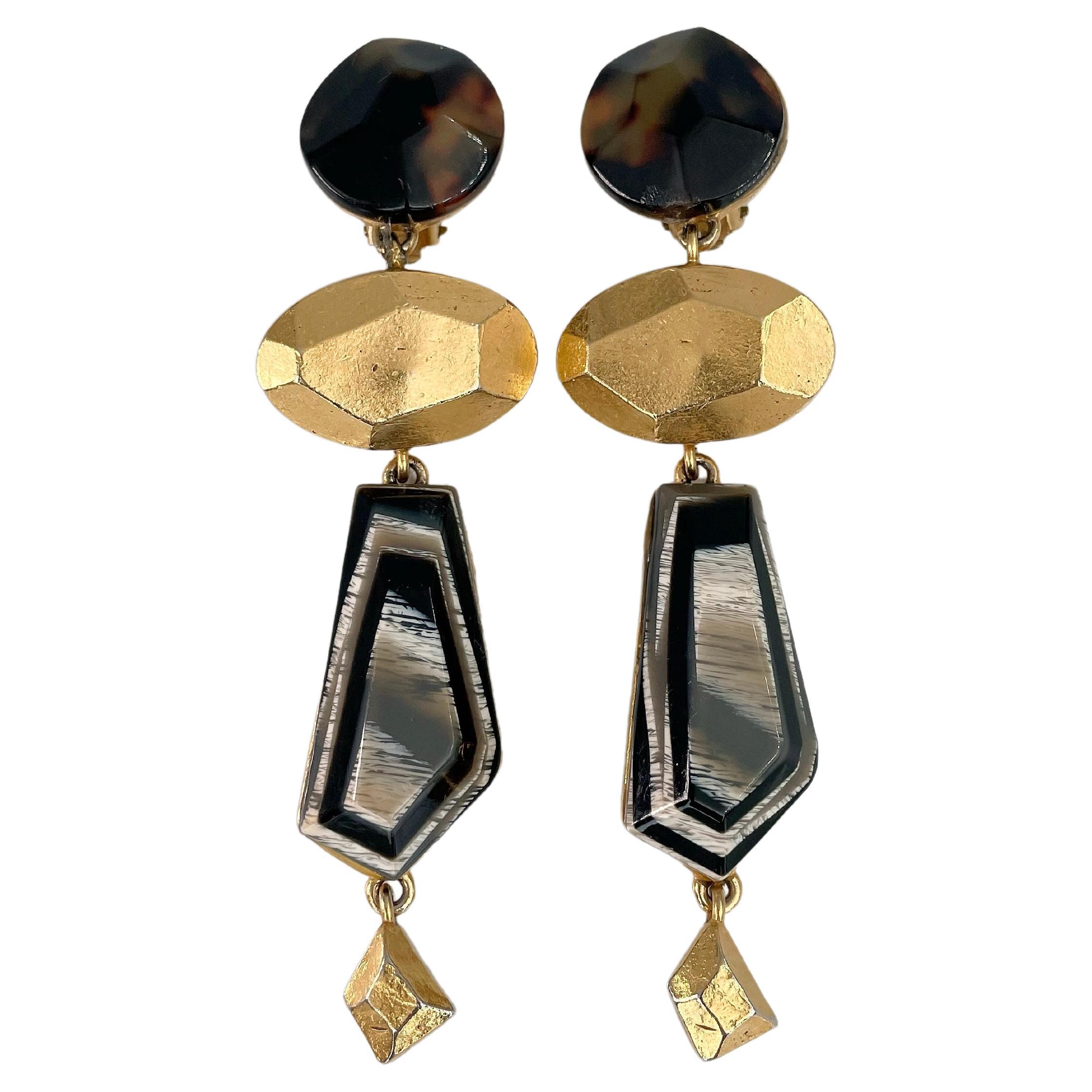 1994 Vintage Christian Lacroix Gold Tone Geometric Drop Clip On Earrings For Sale