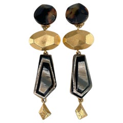 1994 Vintage Christian Lacroix Gold Tone Geometric Drop Clips Earrings