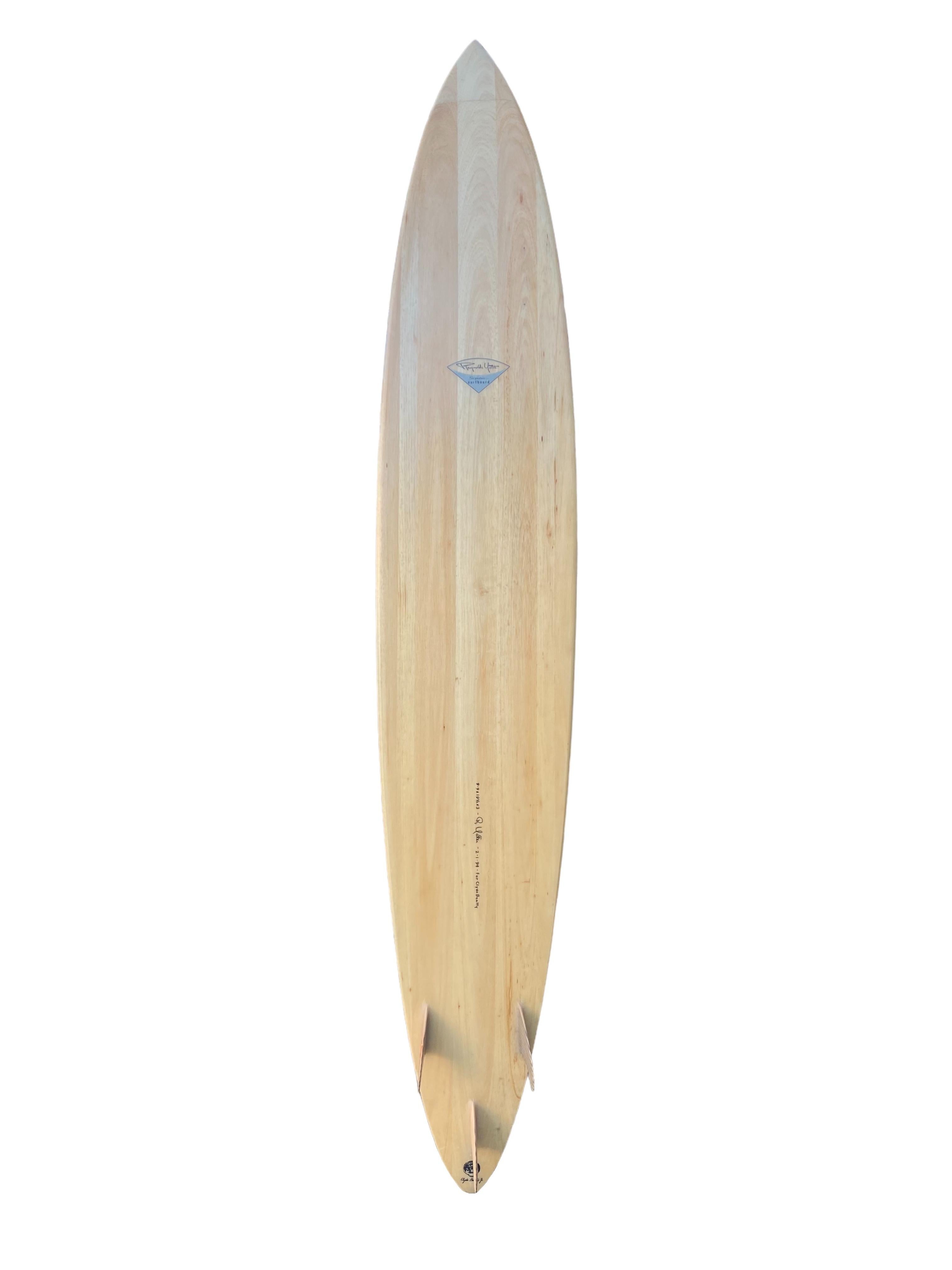 1990s Vintage Clyde Beatty Jr. Personal balsawood surfboard. Shaped by Reynolds Yater. Features a big wave shape design with wooden/carbon trimmed thruster (tri-fin) setup. Made for Clyde Beatty Jr. a 1970s pro surfer/shaper and team rider for Hobie