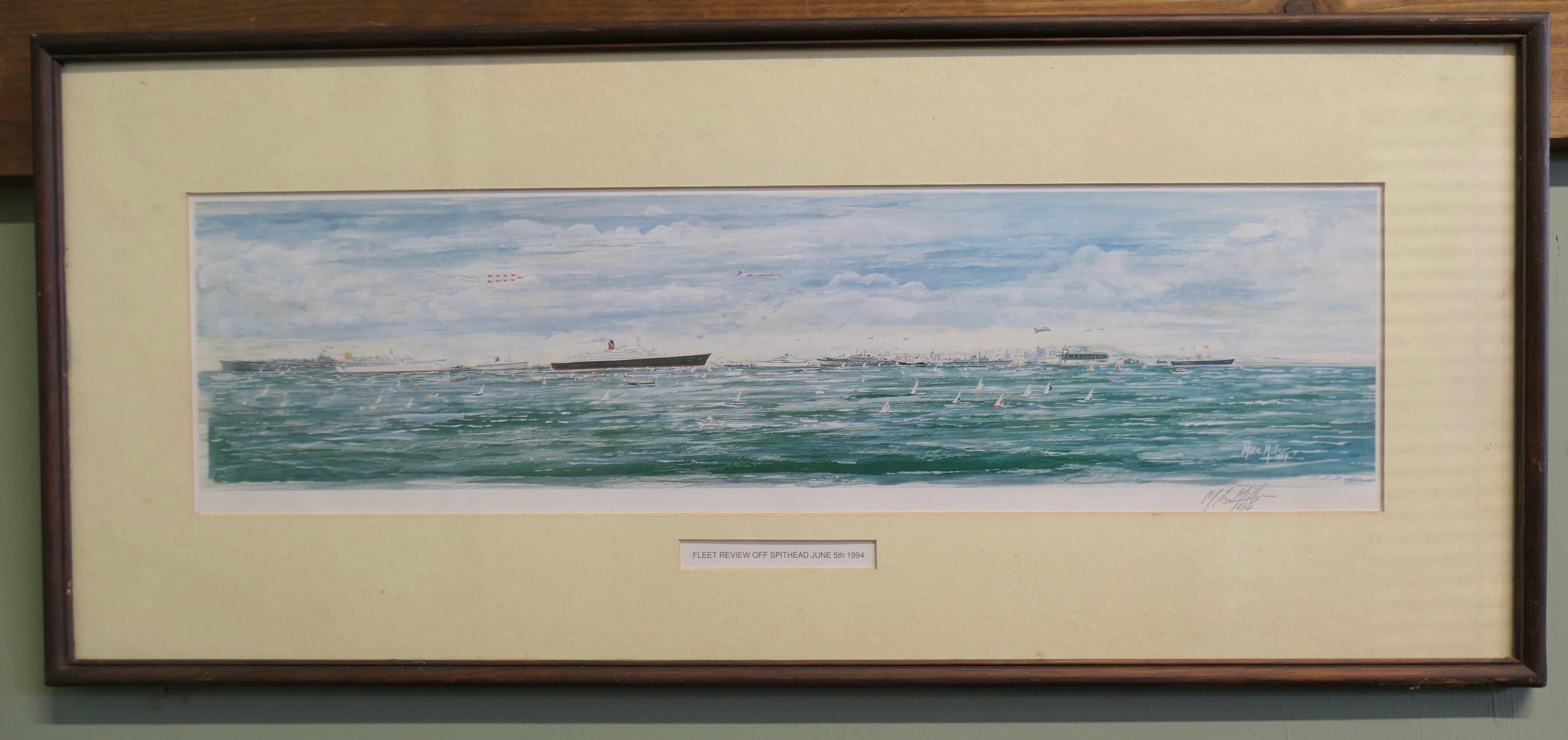 1994 Acuarela, Revisión de la Flota de Spithead por Mike Miller
Un paisaje marino de cielo y mar enmarcado y montado con finos detalles en ambos de la Revisión de Spithead de 1994

El cuadro Mide 12