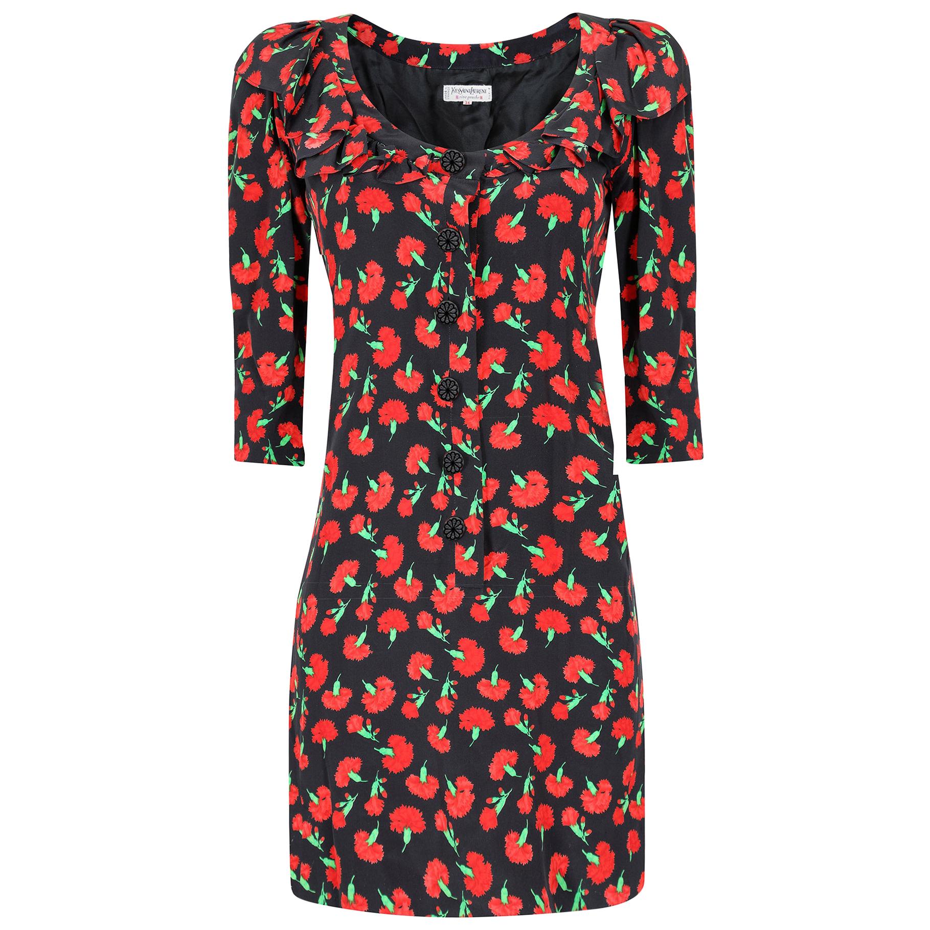 1994 Yves Saint Laurent Red Carnation Print Dress For Sale