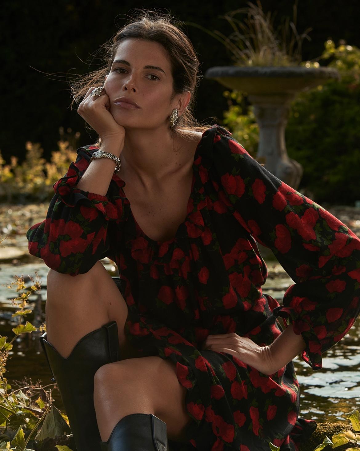 1994 Yves Saint Laurent Rose Print Wool Dress For Sale 5