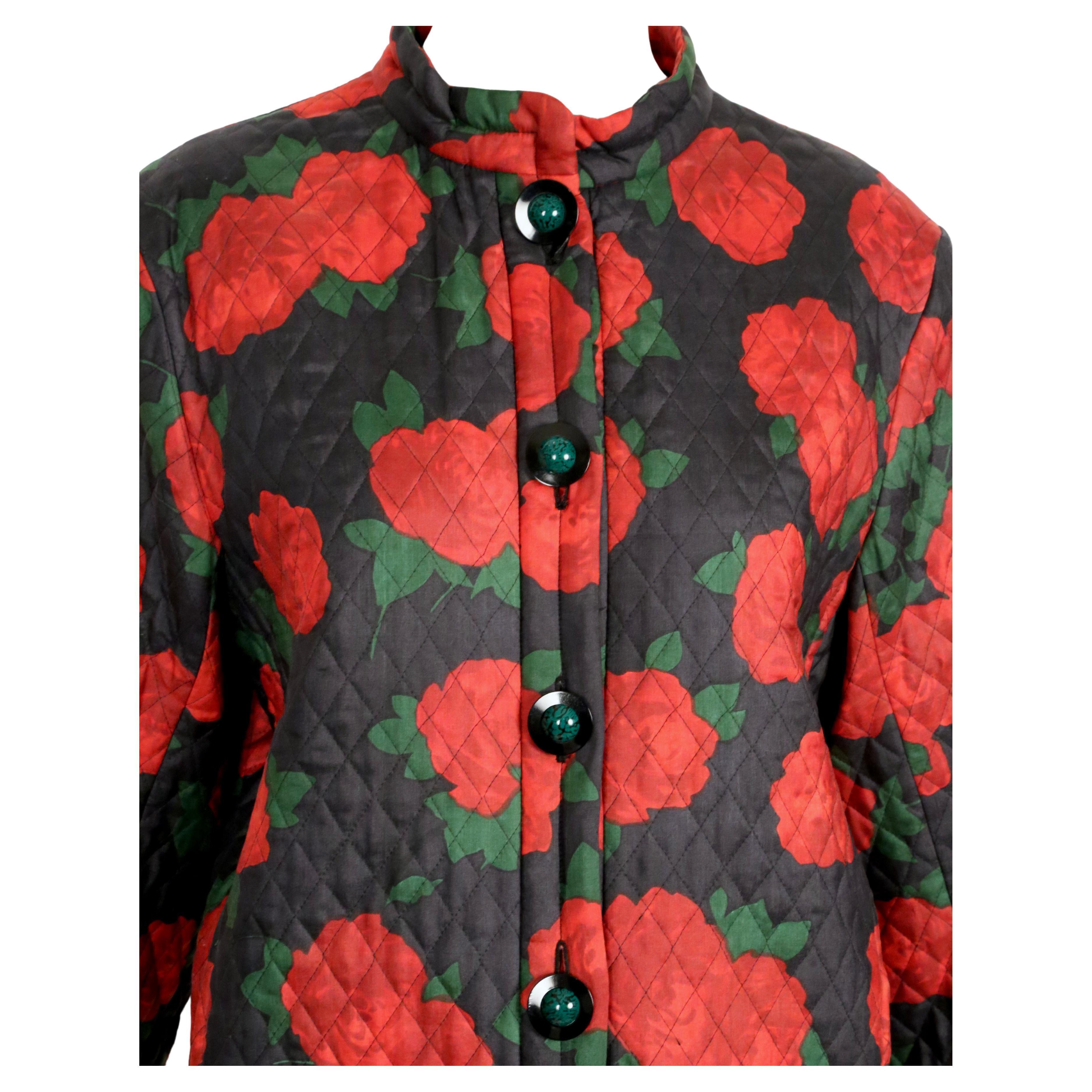 Black 1994 YVES SAINT LAURENT rose printed silk quilted RUNWAY jacket For Sale