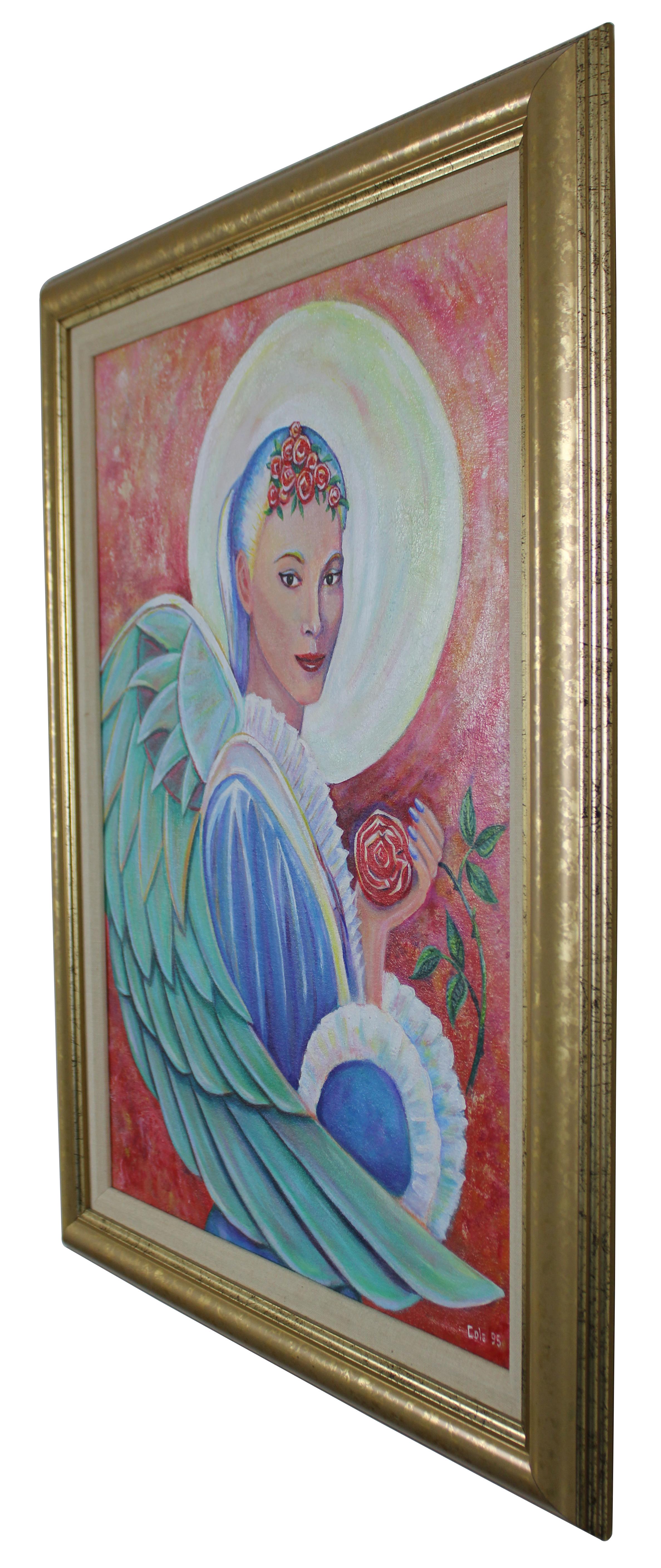 Vintage 1995 Archangel or Guardian Angel oil painting by Cole. Features an Angel of high rank dressed in a royal blue robe with roses, turquoise wings and Halo. Painted in vibrant colors.

Measures: Sans frame 18