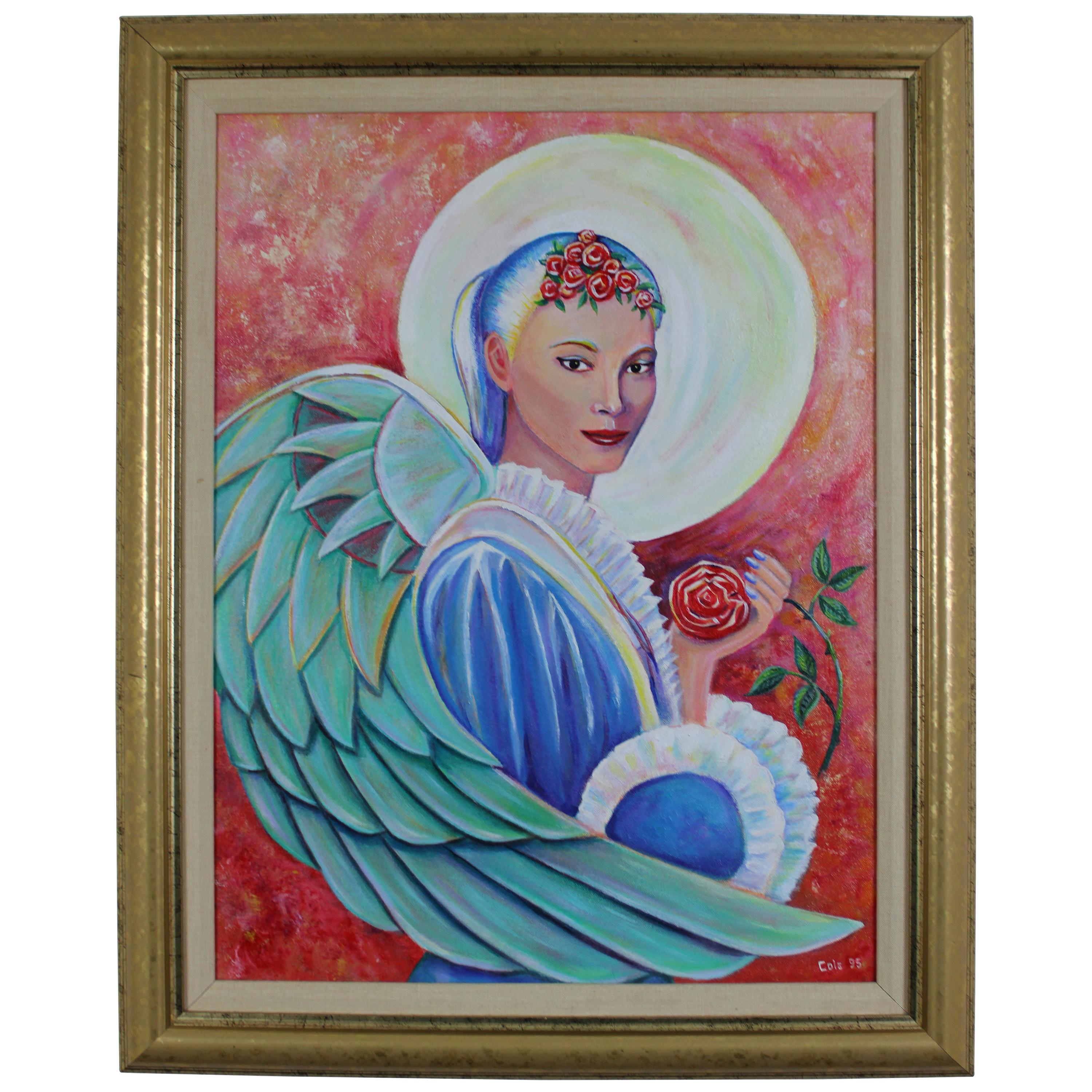 Peinture à l'huile originale de Cole représentant un halo d'anges gardiens arc-en-ciel, 1995
