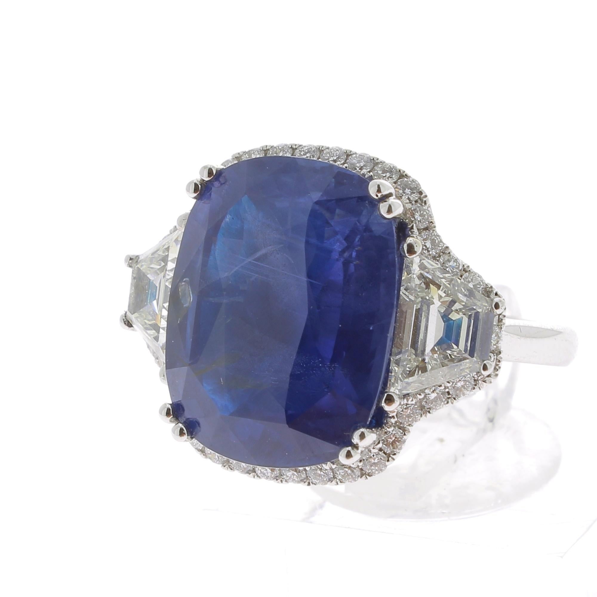 Contemporary 19.95 Carat Cushion Intense Blue Ceylon Sapphire Ring 18 Karat White Gold