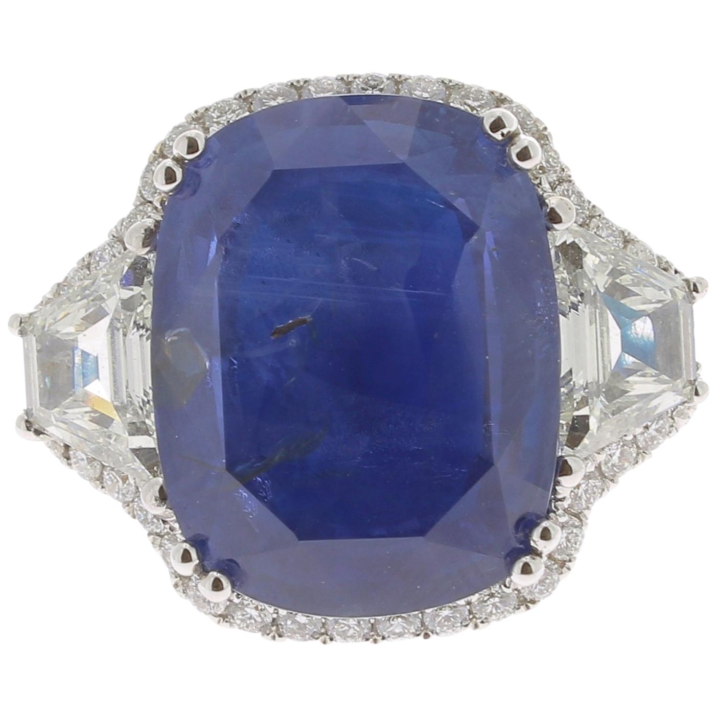 19.95 Carat Cushion Intense Blue Ceylon Sapphire Ring 18 Karat White Gold