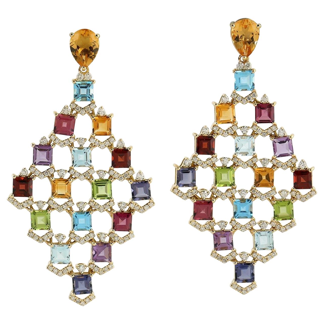 19.95 Carat Multi Gemstone Diamond 18 Karat Gold Kaleidoscope Earrings For Sale
