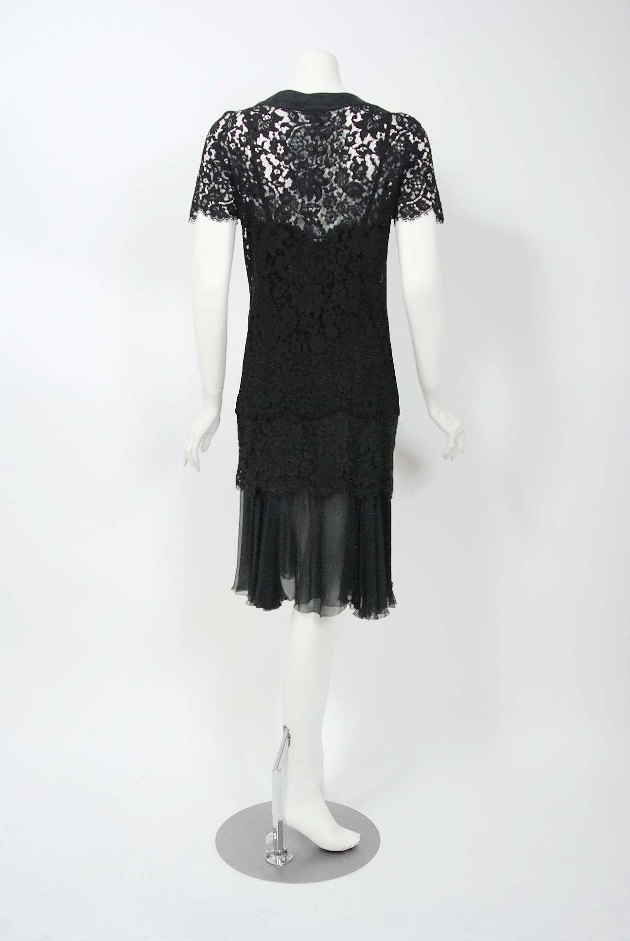 Vintage 1995 Chanel Black Lace & Sheer Silk Slip Dress w/ Camellia Button Blouse 3