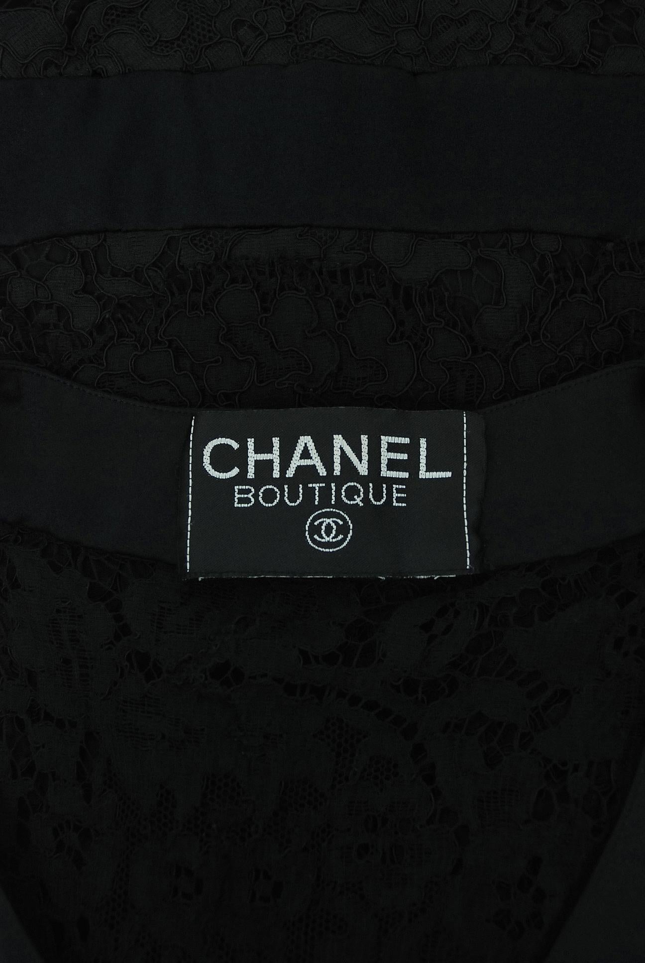 Vintage 1995 Chanel Black Lace & Sheer Silk Slip Dress w/ Camellia Button Blouse 5