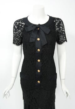 Vintage 1995 Chanel Black Lace & Sheer Silk Slip Dress w/ Camellia Button Blouse