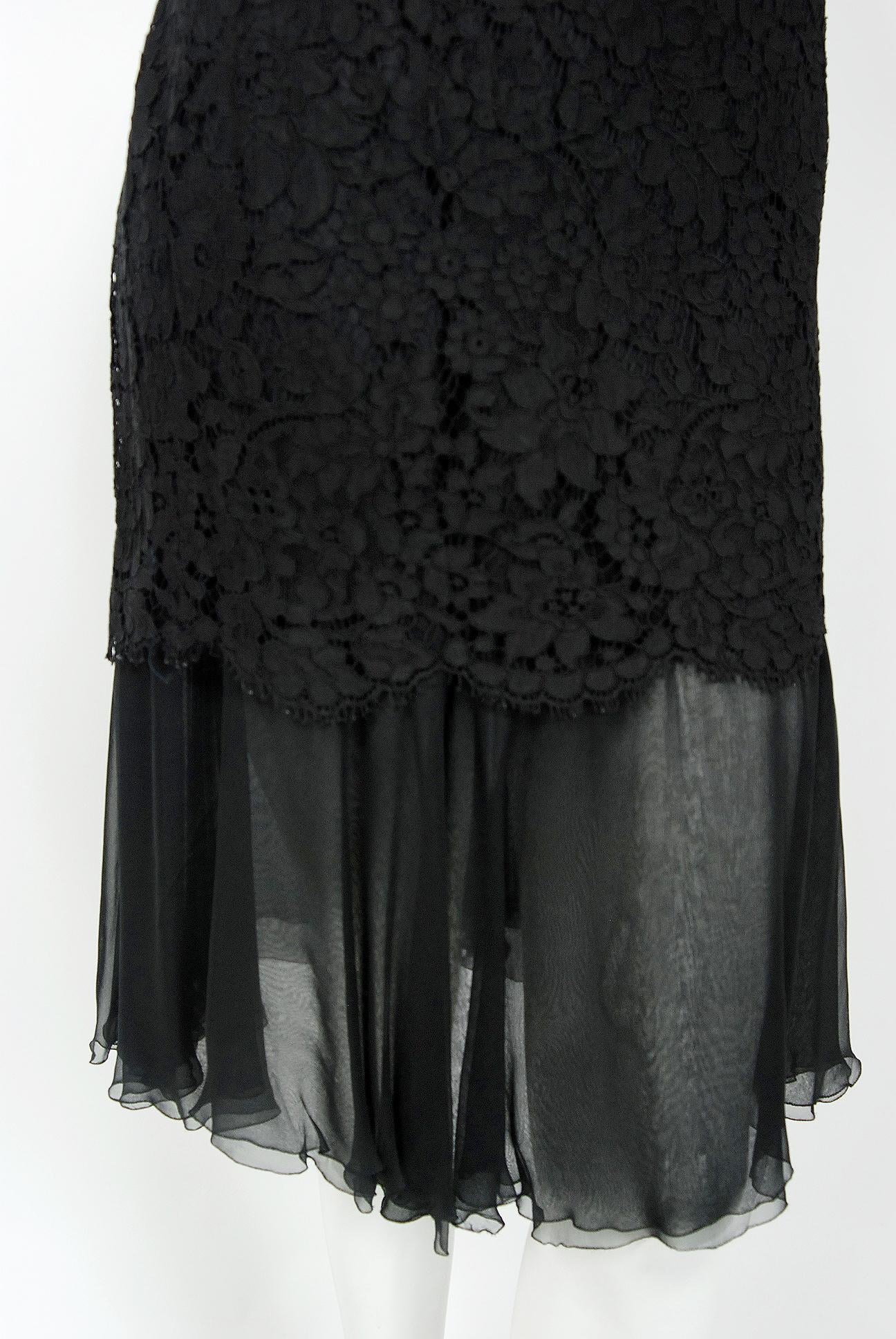 Vintage 1995 Chanel Black Lace & Sheer Silk Slip Dress w/ Camellia Button Blouse In Good Condition In Beverly Hills, CA