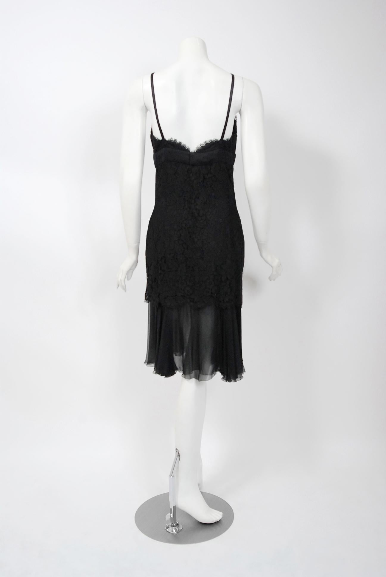 Women's Vintage 1995 Chanel Black Lace & Sheer Silk Slip Dress w/ Camellia Button Blouse