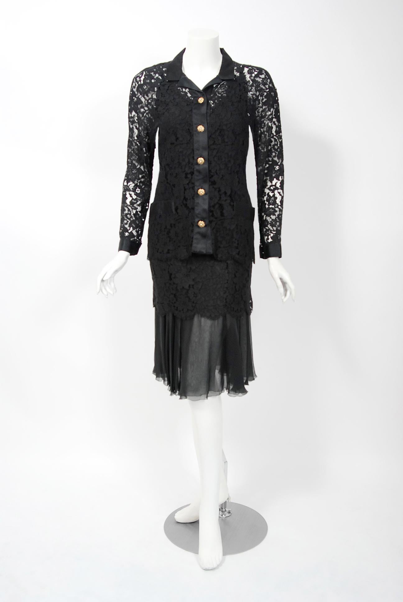 Vintage 1995 Chanel Black Lace & Sheer Silk Slip Dress w/ Camellia Button Blouse 1