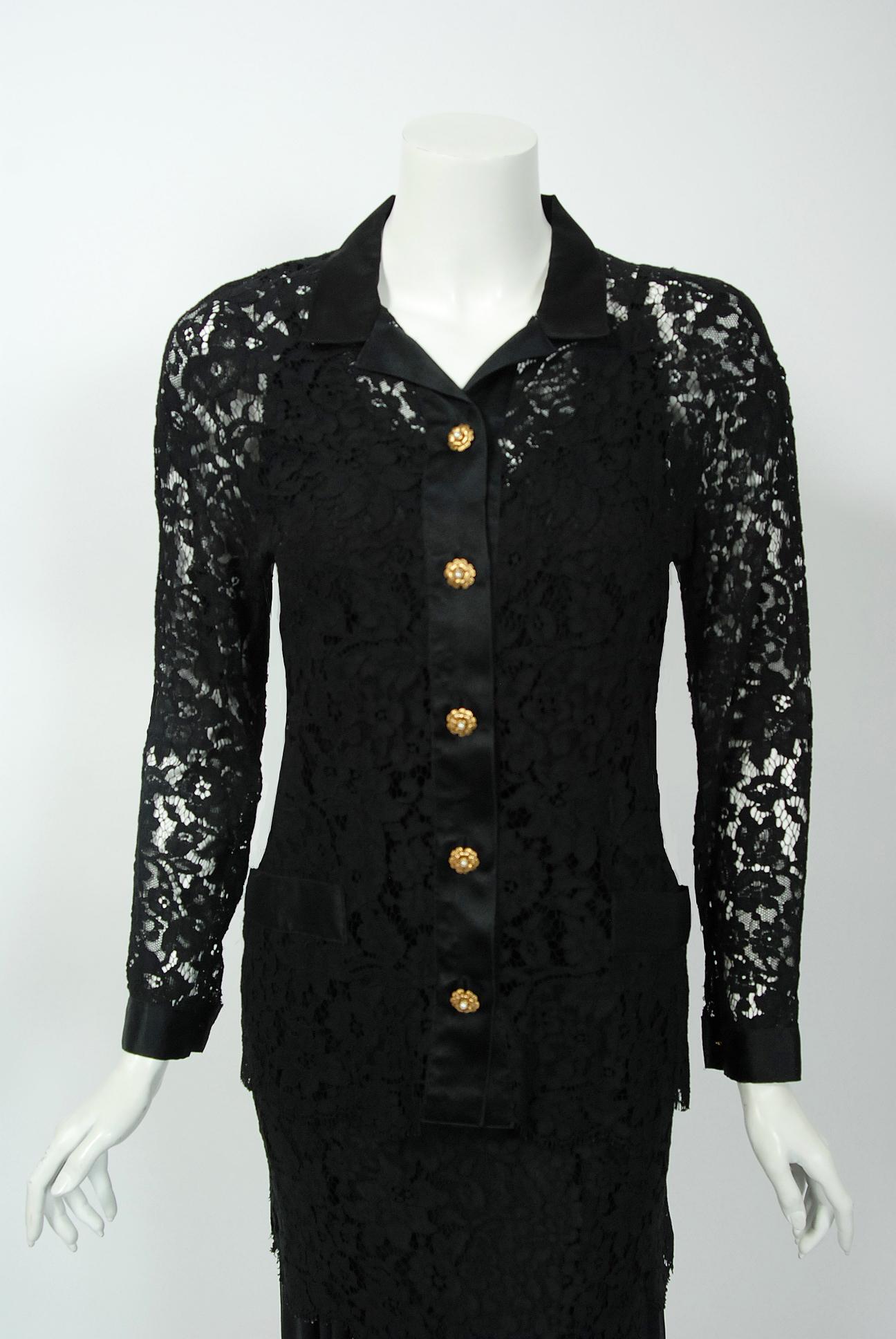 Vintage 1995 Chanel Black Lace & Sheer Silk Slip Dress w/ Camellia Button Blouse 2