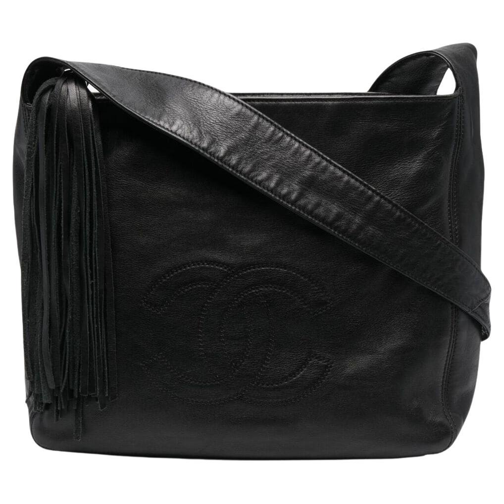 1995 Chanel Black Logo Leather Shoulder Tote Bag with Tassel