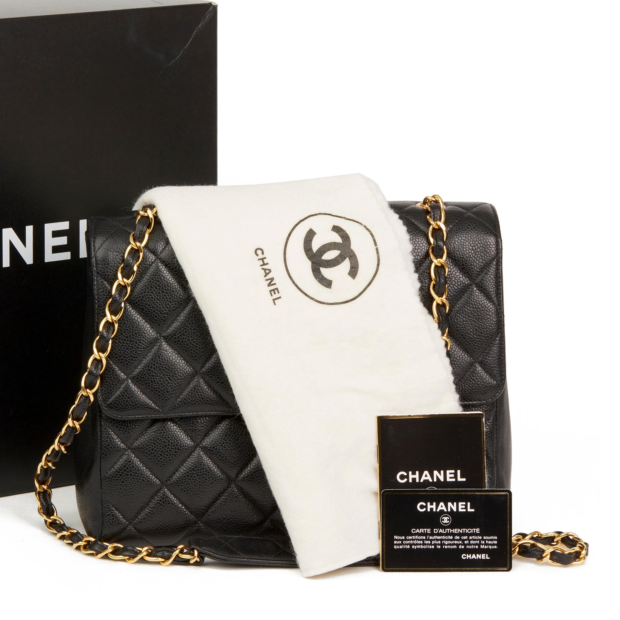 1995 Chanel Black Quilted Caviar Leather Vintage Classic Single Flap Bag 7