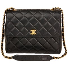 1995 Chanel Black Quilted Caviar Leather Vintage Classic Single Flap Bag