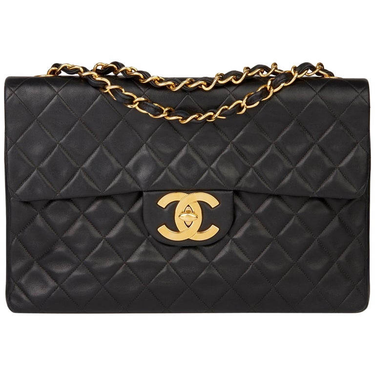 1995 Chanel Black Quilted Lambskin Vintage Maxi Jumbo XL Flap Bag at