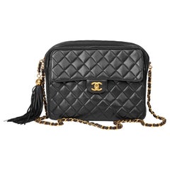 1995 Chanel Black Quilted Lambskin Vintage Timeless Fringe Camera Bag