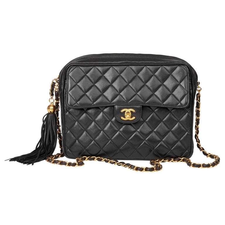 1995 Chanel Black Quilted Lambskin Vintage Timeless Fringe Camera Bag at 1stDibs