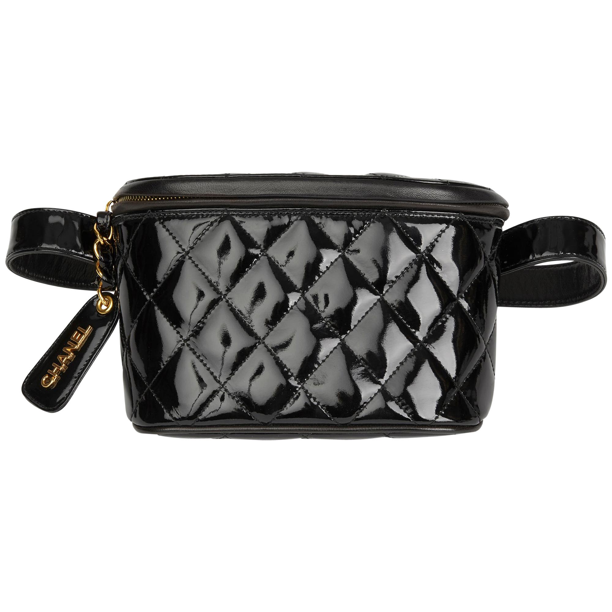1995 Chanel Black Quilted Patent Leather Vintage Timeless Belt Bag