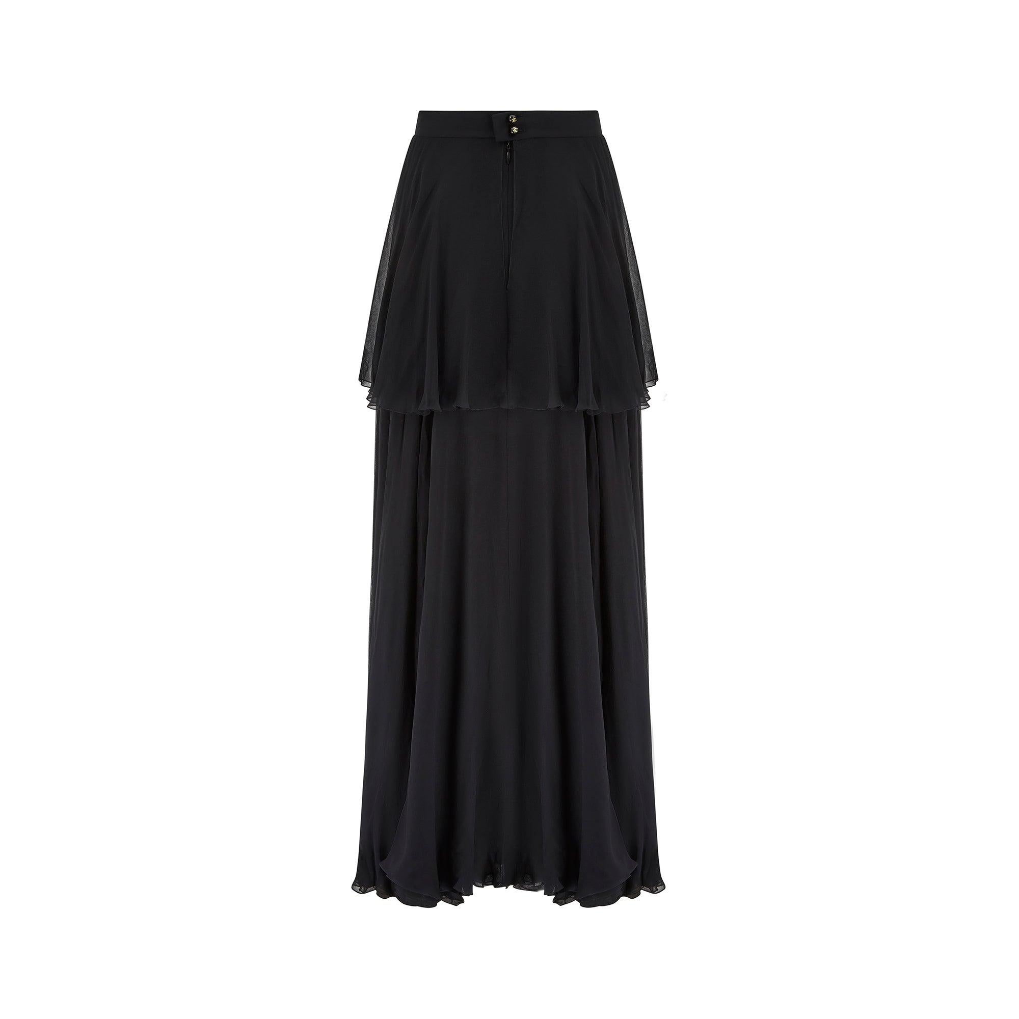 1995 Chanel Black Silk Chiffon Maxi Skirt In Excellent Condition For Sale In London, GB