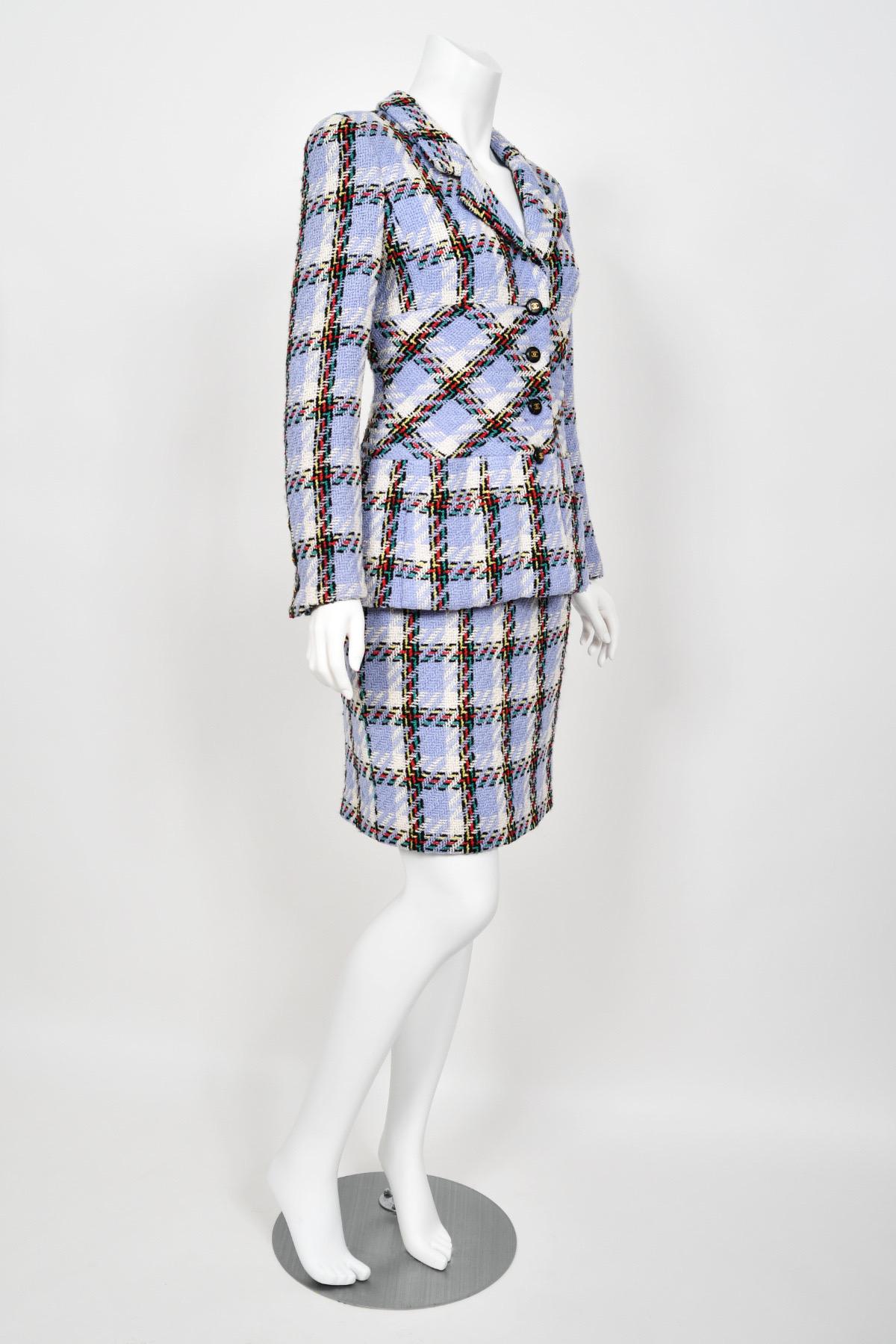1995 Chanel by Karl Lagerfeld Runway Periwinkle Plaid Wool Barbie Jacket & Skirt 7