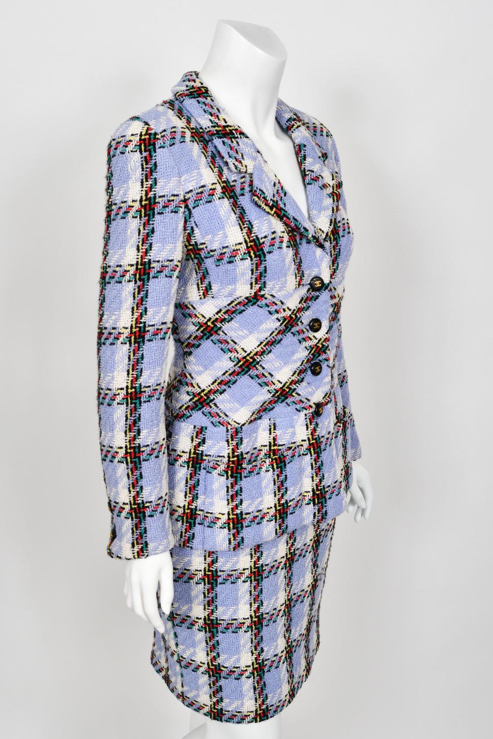 1995 Chanel by Karl Lagerfeld Runway Periwinkle Plaid Wool Barbie Jacket & Skirt 8