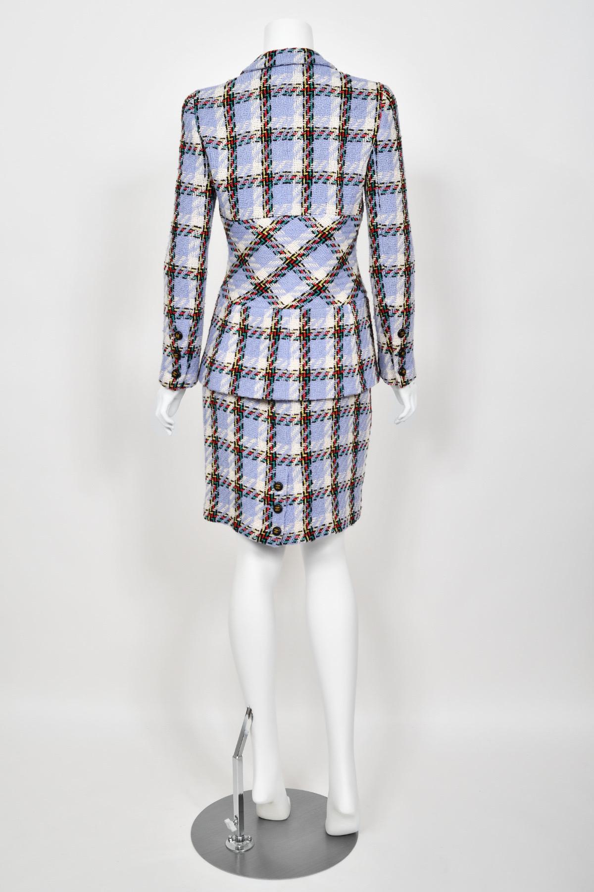 1995 Chanel by Karl Lagerfeld Runway Periwinkle Plaid Wool Barbie Jacket & Skirt 10