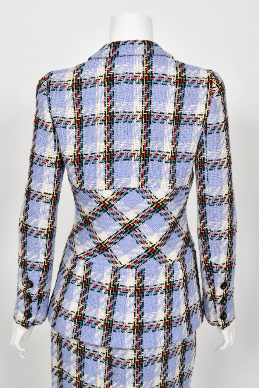 1995 Chanel by Karl Lagerfeld Runway Periwinkle Plaid Wool Barbie Jacket & Skirt 11