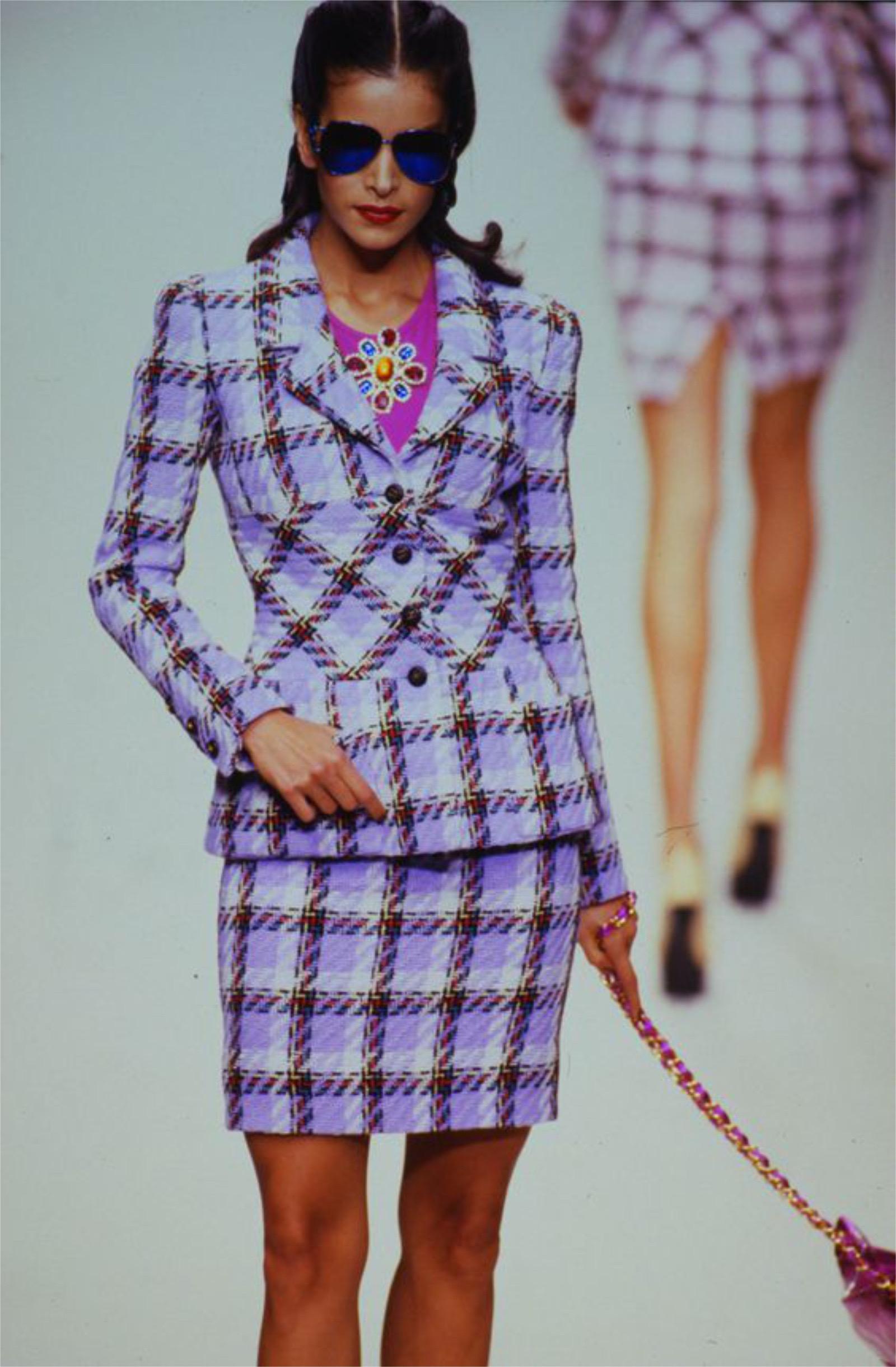1995 Chanel by Karl Lagerfeld Runway Periwinkle Plaid Wool Barbie Jacket & Skirt 4