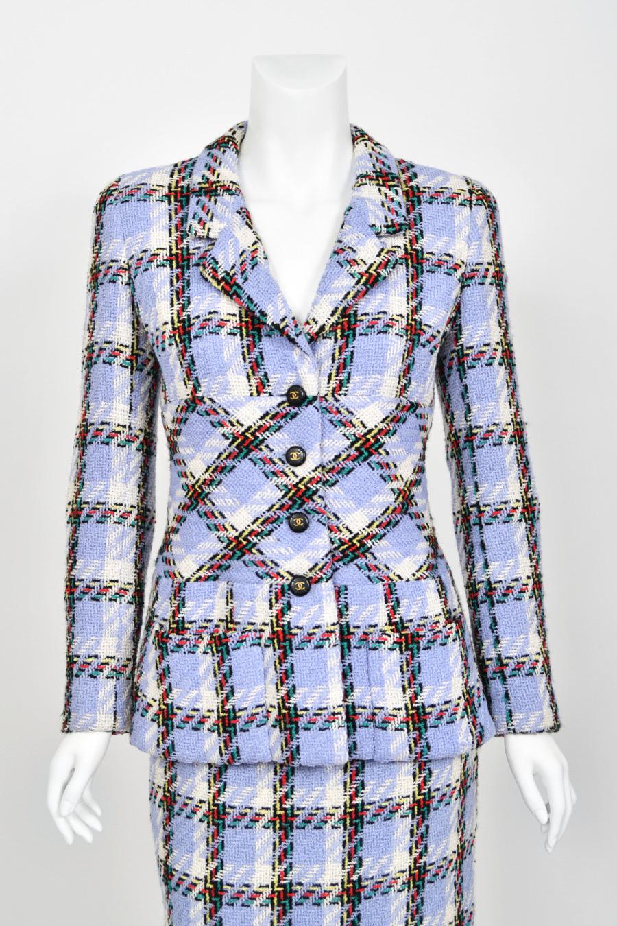 1995 Chanel by Karl Lagerfeld Runway Periwinkle Plaid Wool Barbie Jacket & Skirt 1