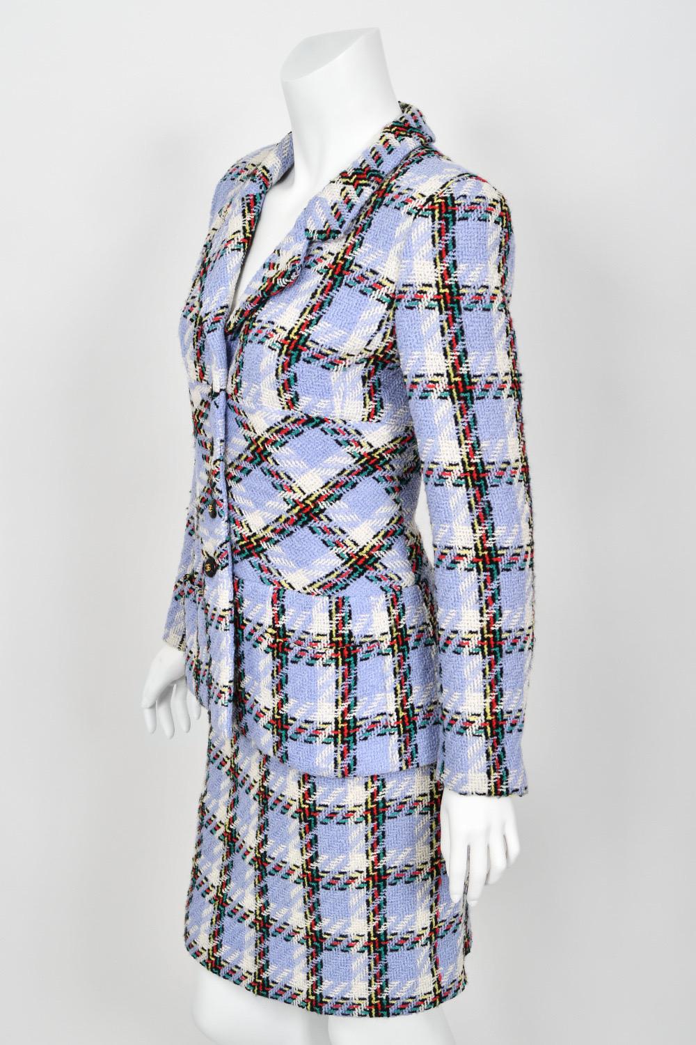 1995 Chanel by Karl Lagerfeld Runway Periwinkle Plaid Wool Barbie Jacket & Skirt 5