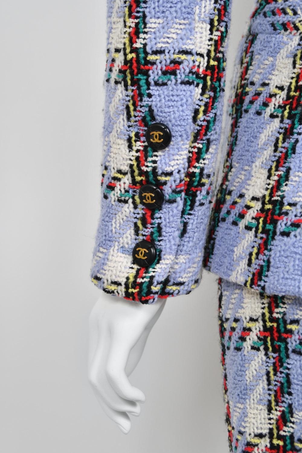 1995 Chanel by Karl Lagerfeld Runway Periwinkle Plaid Wool Barbie Jacket & Skirt 6
