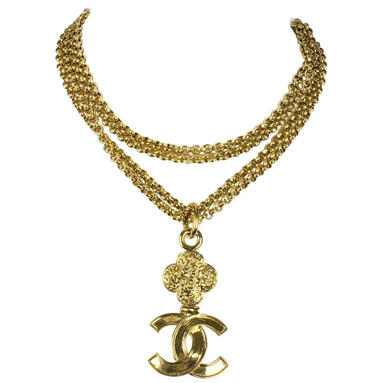 1995 Chanel Gilt Double-Chain Logo Pendant Necklace For Sale