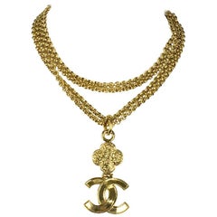 Vintage 1995 Chanel Gilt Double-Chain Logo Pendant Necklace