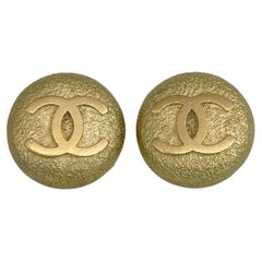 1995 Chanel Gold Tone CC Logo Textured Button Clip On Earrings