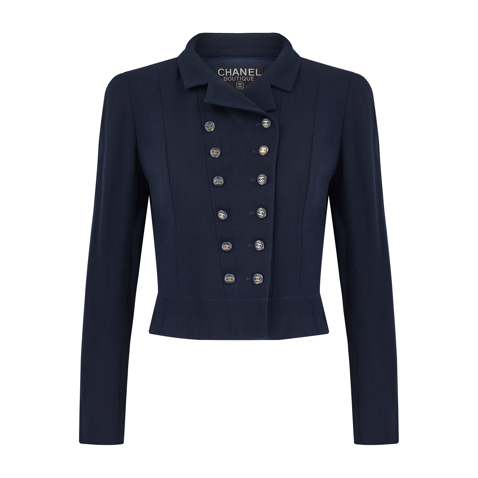 1995 Chanel Marineblauer und cremefarbener Anzug mit Kleid und Jacke im Angebot 2