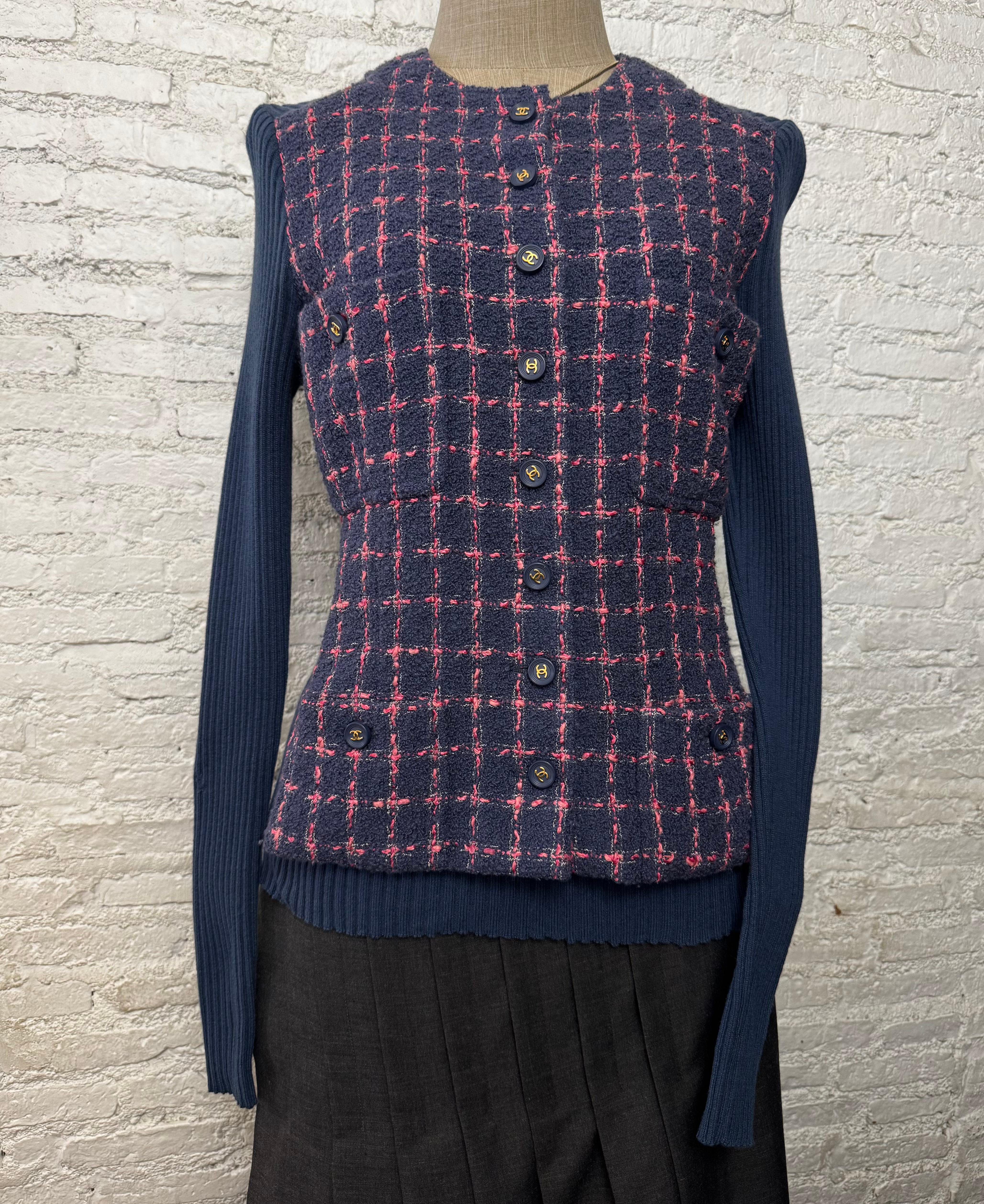1995 CHANEL Marineblaues Tweed-Wollkleid FR38 Geändert im Angebot 3